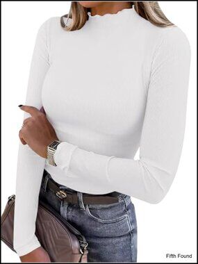 Long Sleeve Mock Neck T-Shirt Ribbed Knit Slim Fit Business Casual Top